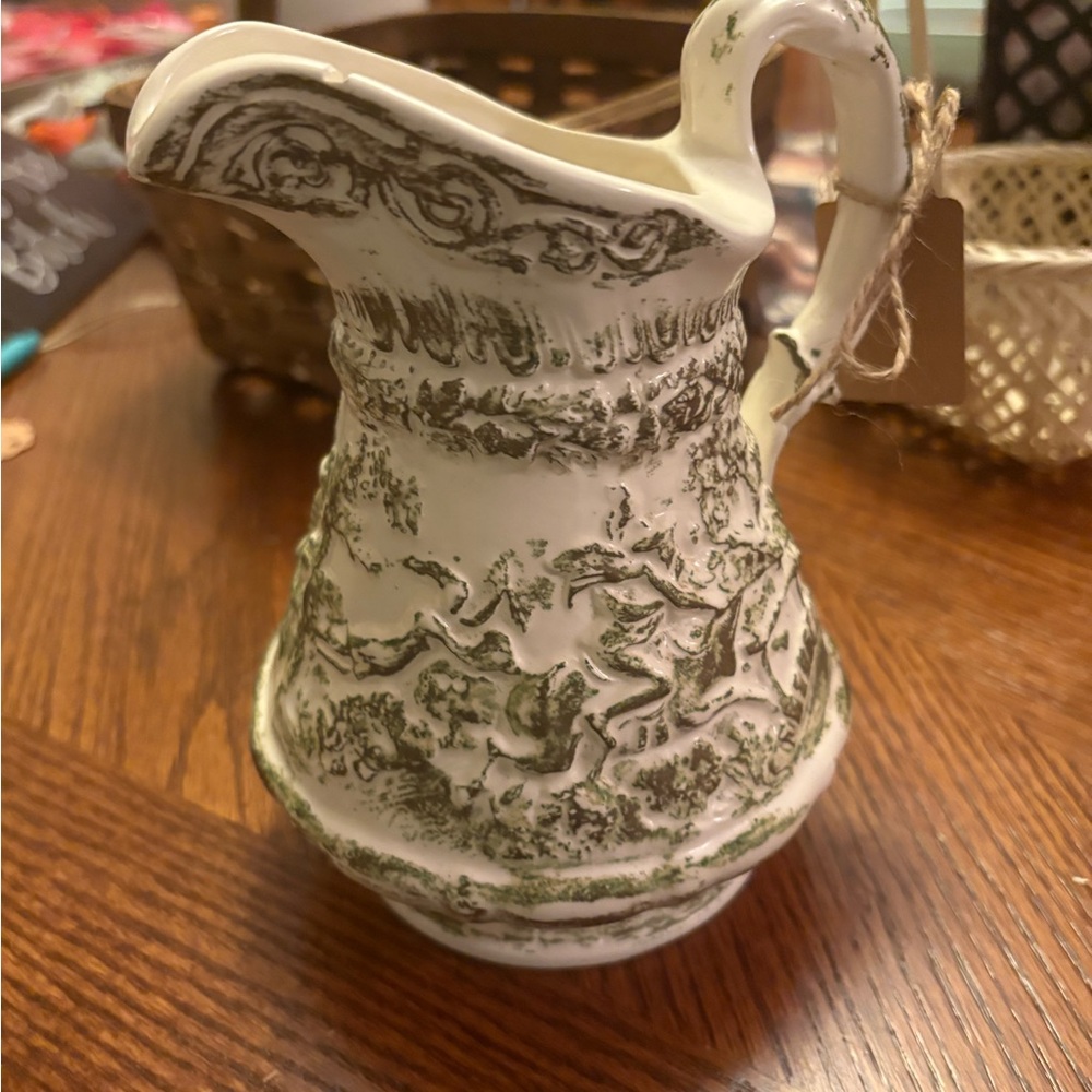 1963 Vintage Style Green and White Decorative Pitcher